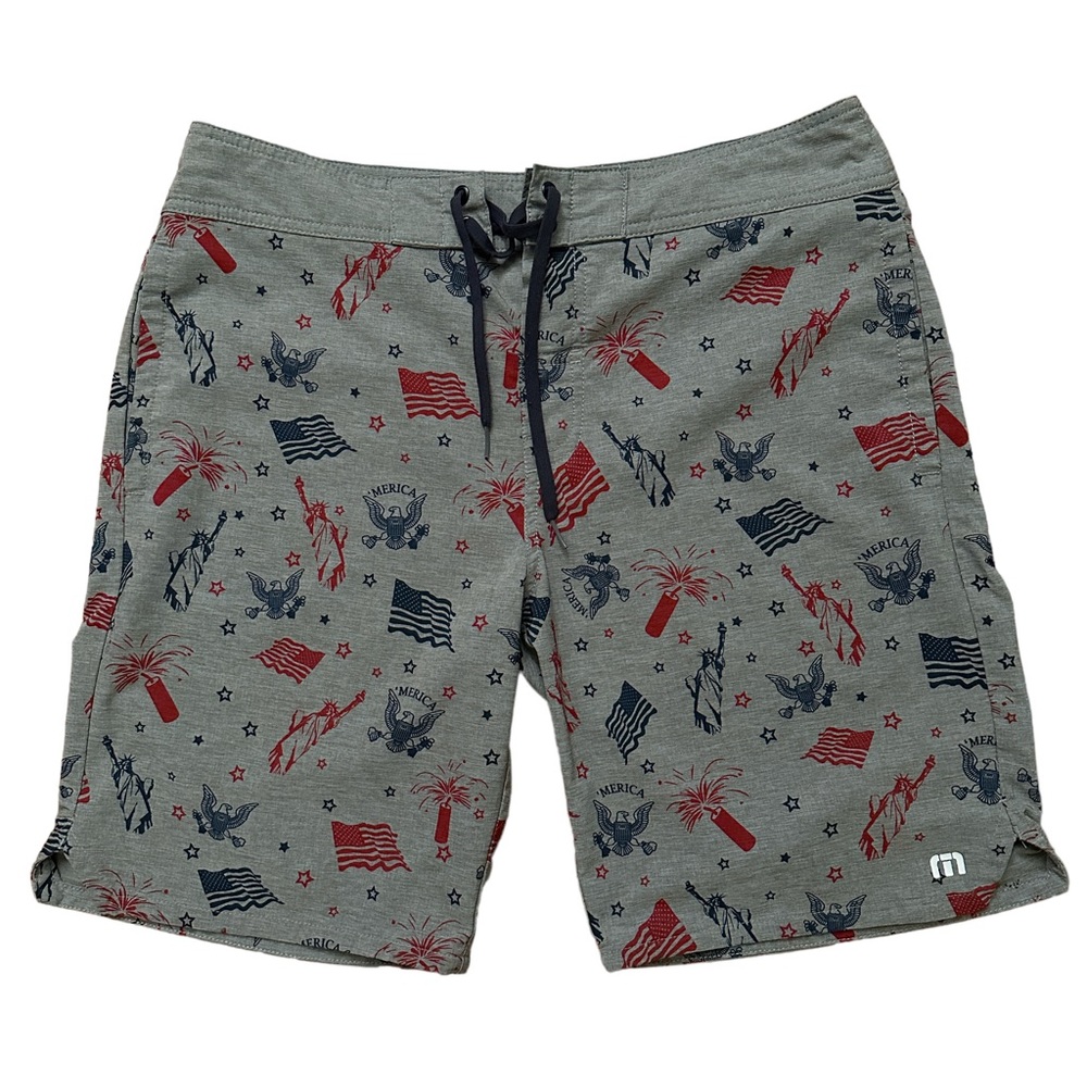 Travis Mathew Swim Trunks Mens Size 32 USA Flag Print Stretch Drawstring Gray